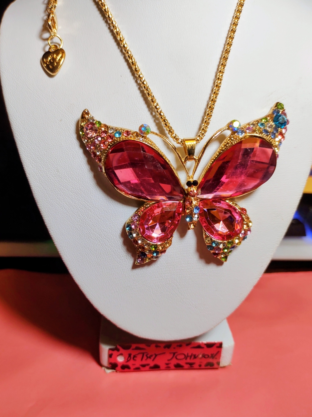 Betsey Johnson Gold-Tone Pink Butterfly Crystal Pendant Necklace